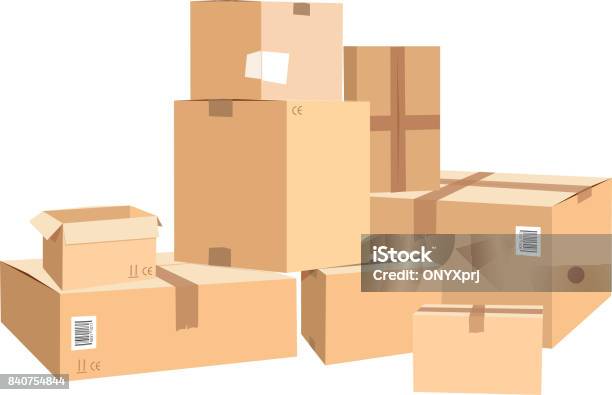 Cardboard Boxes In Different Sizes Packages Isolated On White Stock Illustration - Download Image Now