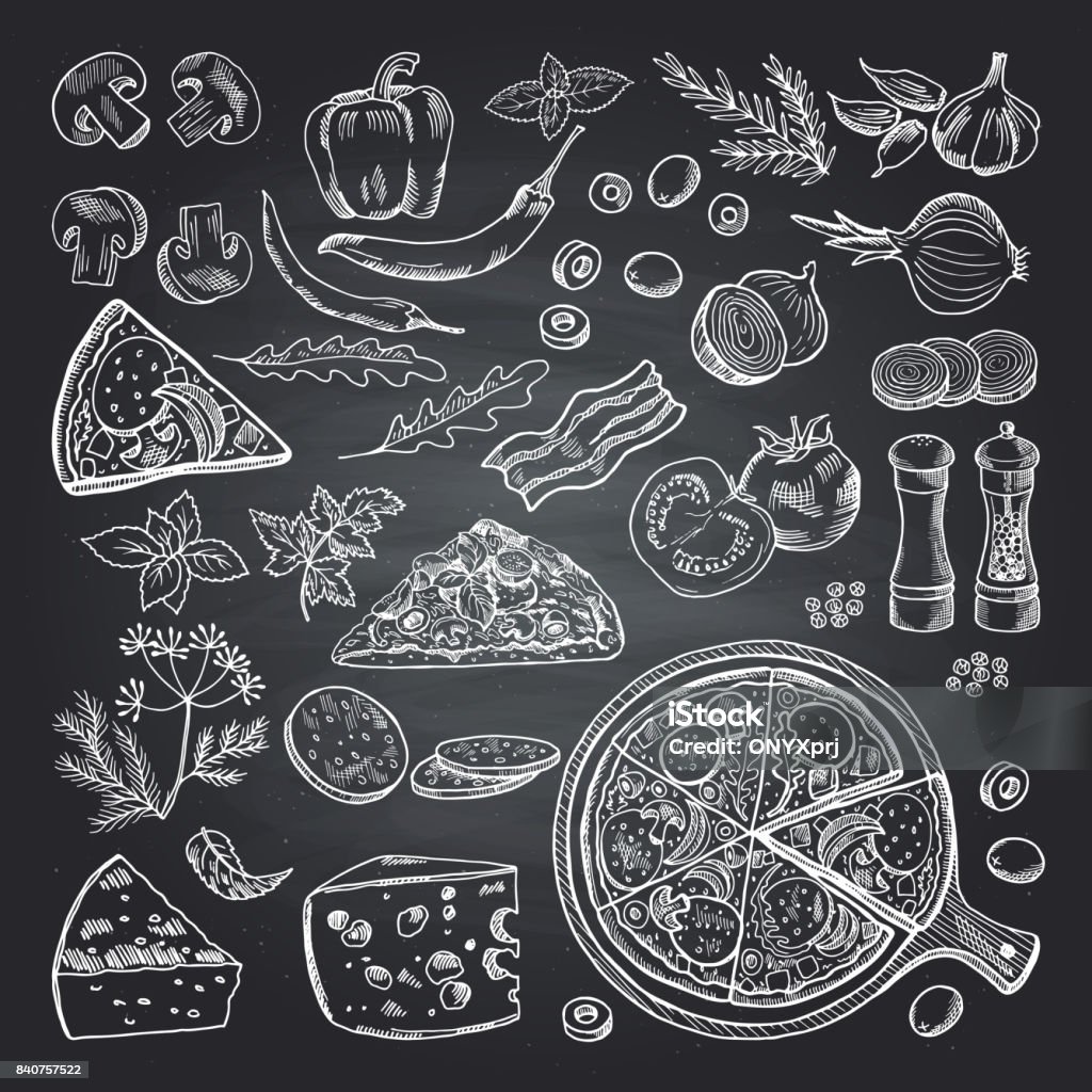 Illustrazioni di ingredienti della pizza alla lavagna. Foto set di cucina italiana - arte vettoriale royalty-free di Cibo