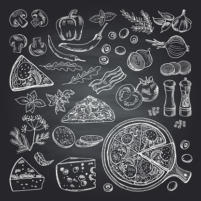 Illustrations of pizza ingredients on black chalkboard. Pictures set of italian kitchen. Italian food pizza, restaurant menu sketch with ingredient vector