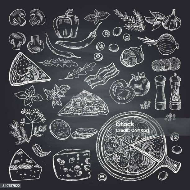 Illustrations Of Pizza Ingredients On Black Chalkboard Pictures Set Of Italian Kitchen Stock Illustration - Download Image Now