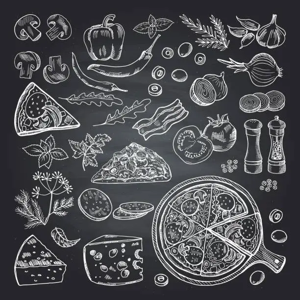 Vector illustration of Illustrations of pizza ingredients on black chalkboard. Pictures set of italian kitchen