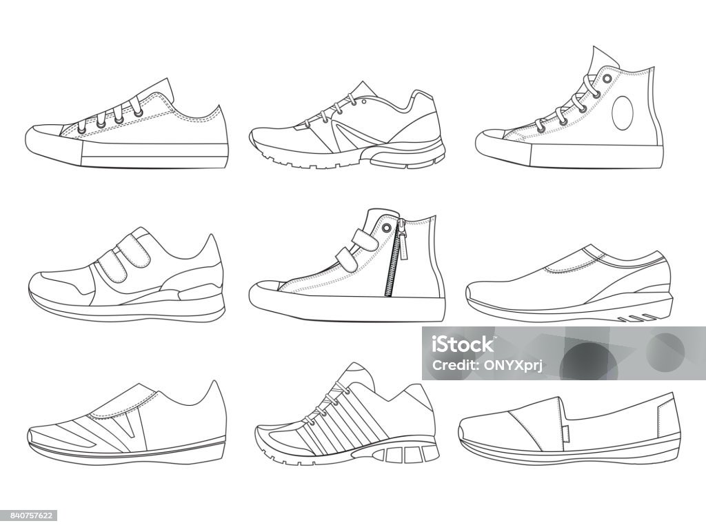 Illustrations de chaussures chez les adolescentes dans un style linéaire. Photos de vecteur de bottes et chaussures de sport - clipart vectoriel de Chaussures libre de droits