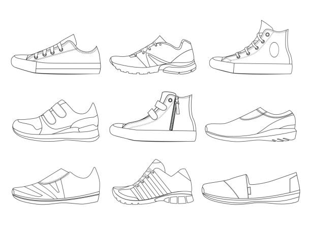 Illustrations of teenage shoes in linear style. Vector pictures of boots and sneakers Illustrations of teenage shoes in linear style. Vector pictures of boots and sneakers. Set of shoes teenage linear style fashion clipart stock illustrations