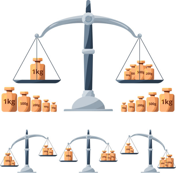 illustrazioni stock, clip art, cartoni animati e icone di tendenza di ridimensiona gli strumenti di calibrazione. pesi diversi per bilance isolate. bilanciare le immagini concettuali - chilogrammo