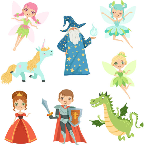 illustrazioni stock, clip art, cartoni animati e icone di tendenza di personaggi fiabeschi ambientati in costumi diversi. principessa, divertente unicorno. mago, drago e cavaliere. illustrazioni vettoriali in stile cartone animato - drago personaggio fantastico