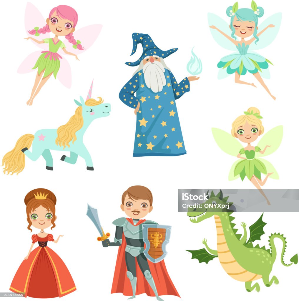 Fairytale characters set in different costumes. Princess, funny unicorn. Wizard, dragon and knight. Vector illustrations in cartoon style Fairytale characters set in different costumes. Princess, funny unicorn. Wizard, dragon and knight. Vector illustrations in cartoon style. Fairy wing and unicorn, knight and magic dragon Dragon stock vector