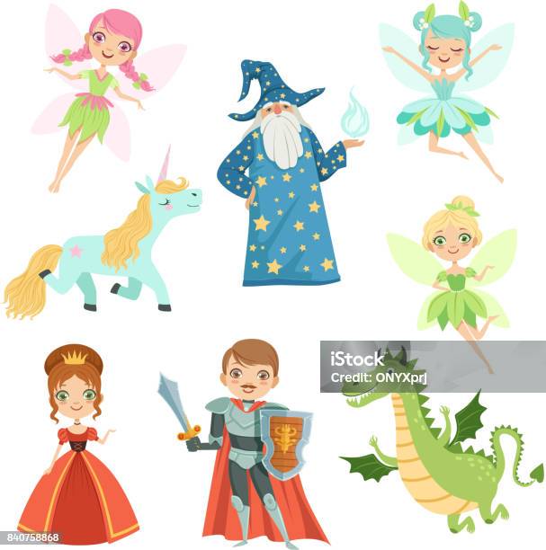 Fairytale Characters Set In Different Costumes Princess Funny Unicorn Wizard Dragon And Knight Vector Illustrations In Cartoon Style Stock Illustration - Download Image Now