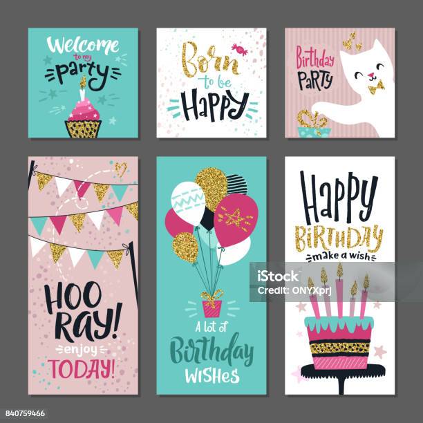 Set Of Greetings Cards Invitation For Birthday Party Vector Design Template With Hand Writings Words Stock Illustration - Download Image Now