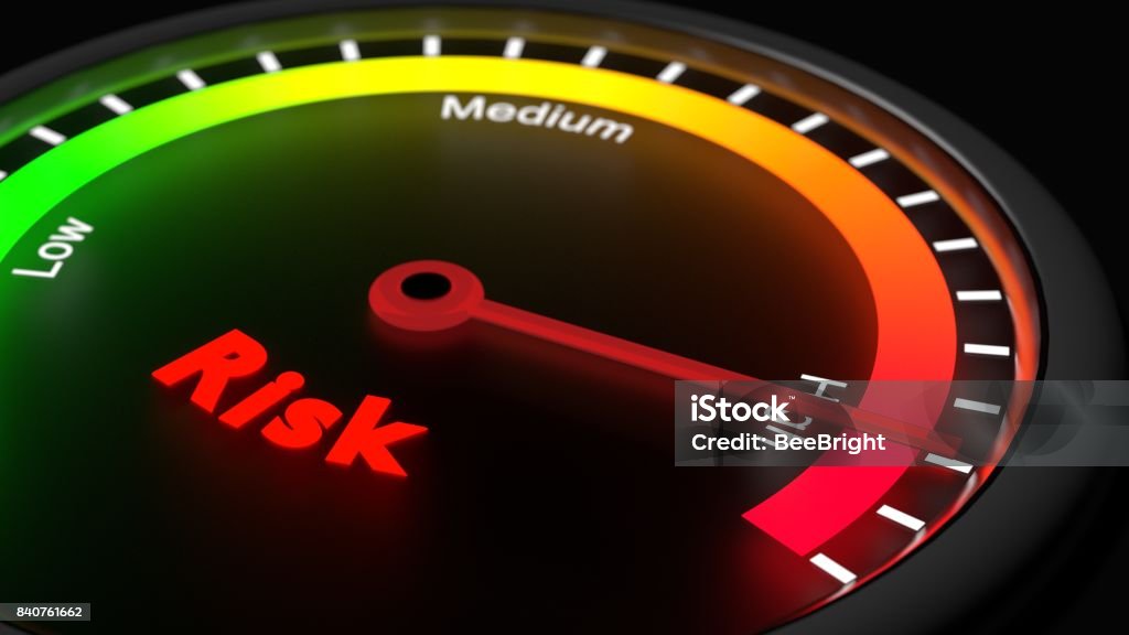 Risk management concept meter showing high risk Glowing gauge showing high risk on black risk management concept 3D illustration Risk Stock Photo