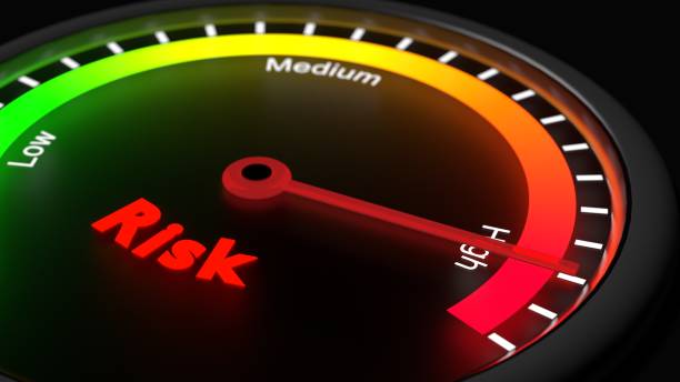 Risk management concept meter showing high risk Glowing gauge showing high risk on black risk management concept 3D illustration risk stock pictures, royalty-free photos & images
