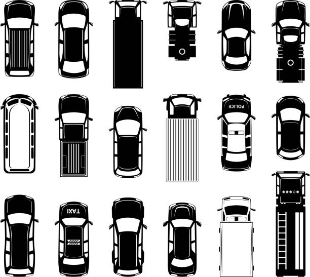 illustrazioni stock, clip art, cartoni animati e icone di tendenza di vista dall'alto di diverse auto sul tetto sulla strada. icone vettoriali nere delle automobili - gear vector engine machine