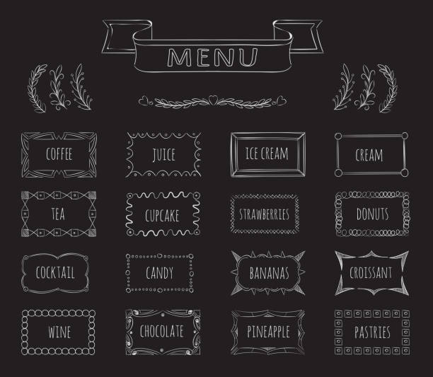 Cafe blackboard menu hand drawn set Cafe blackboard menu hand drawn set. Coffee and juice, ice cream and tea, menu cafe, vector illustration food cake tea sketch stock illustrations