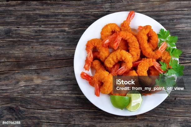 Tasty Breaded Shrimps On White Plate Stock Photo - Download Image Now - Shrimp - Seafood, Fried, Panko