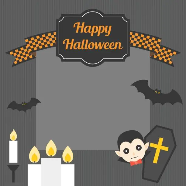 Vector illustration of Happy halloween in badge and checks ribbon with candle, bat, Dracula's coffin, design in vintage style for poster  or greeting card