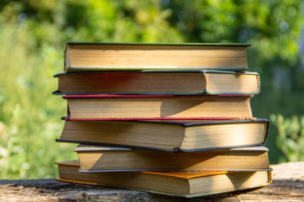 istock Stack of the old books on wooden table outdoor 840766608