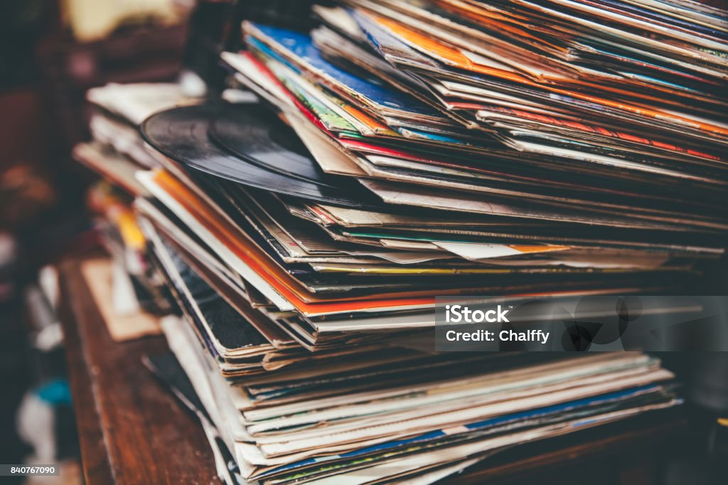 Retro Styled LP Records Retro styled lp records on a flea market. Record - Analog Audio Stock Photo