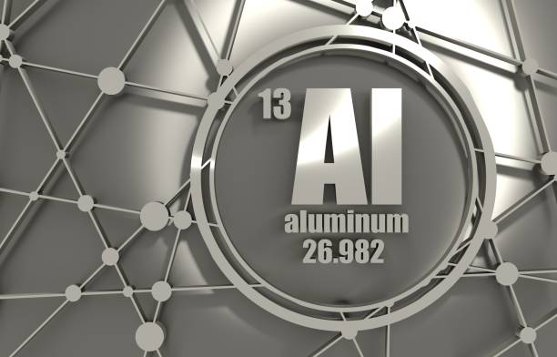 Aluminum chemical element. Aluminum chemical element. Sign with atomic number and atomic weight. Chemical element of periodic table. Molecule And Communication Background. Connected lines with dots. 3D rendering. chromium element periodic table stock pictures, royalty-free photos & images