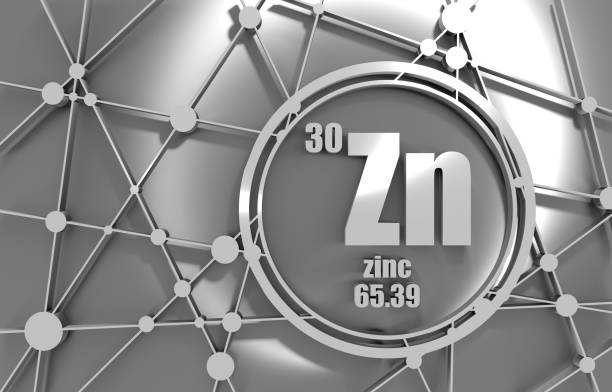 Zinc chemical element. Zinc chemical element. Sign with atomic number and atomic weight. Chemical element of periodic table. Molecule And Communication Background. Connected lines with dots. 3D rendering. chromium element periodic table stock pictures, royalty-free photos & images