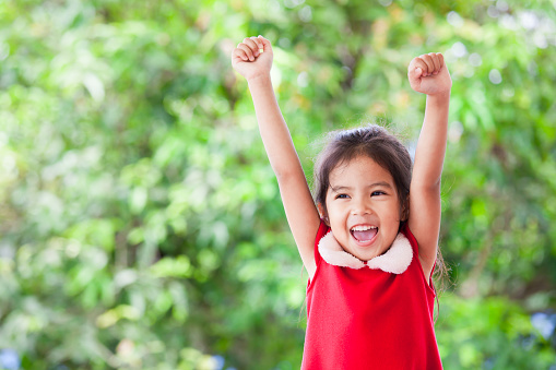 Happy asian child girl in christmas dress raising her hands and shouting with cheerful on green nature background