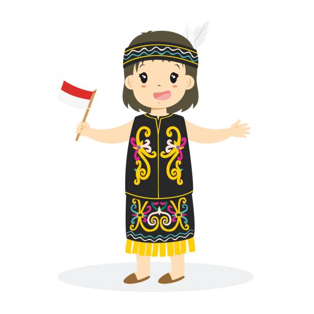 dayak dziewczyna gospodarstwa indonezyjski flaga cartoon vector - dayak stock illustrations