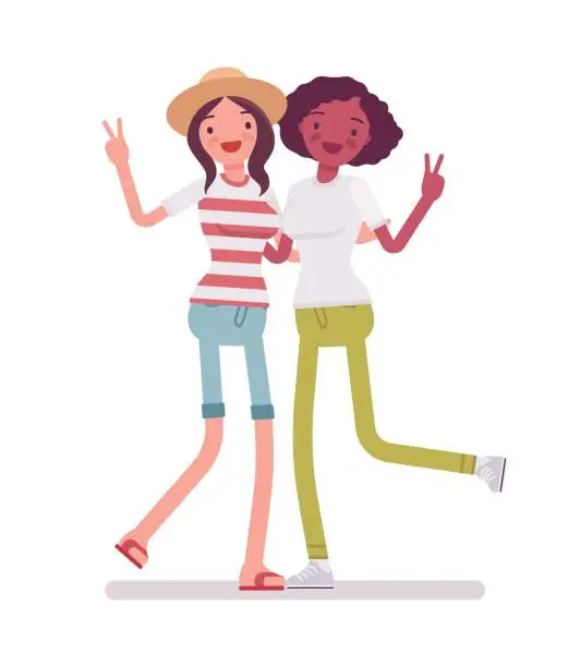 Vector illustration of Young women showing v-sign