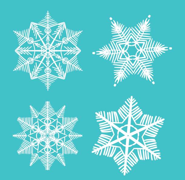 ilustrações, clipart, desenhos animados e ícones de fundo do floco de neve vector ícone definir cor branca. elemento de cristal liso azul do neve de inverno natal. coleção de gelo ilustração atmosféricas. símbolo silhueta isolado xmas para floco de neve de geada - ice crystal snowflake ice turquoise