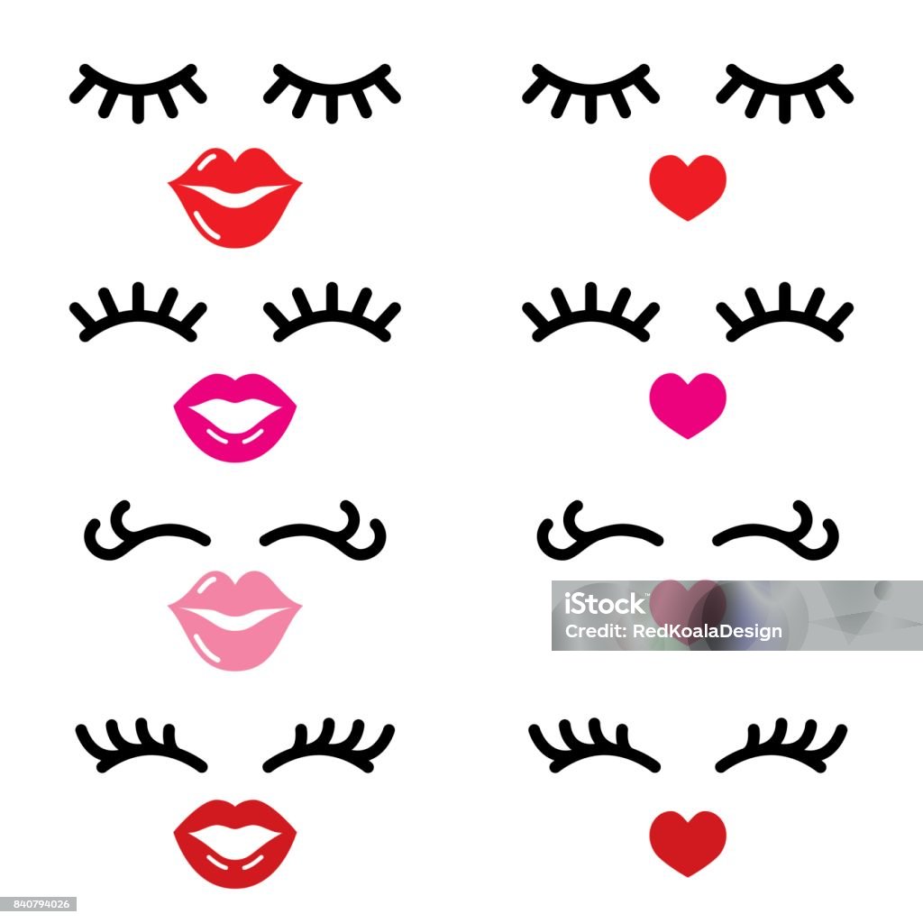 Wimpern und Lippen Vektor-Icons, hübschen Mädchens Gesicht, geschlossenen Augen und Herzen Lippen - Beauty-Konzept - Lizenzfrei Wimper Vektorgrafik