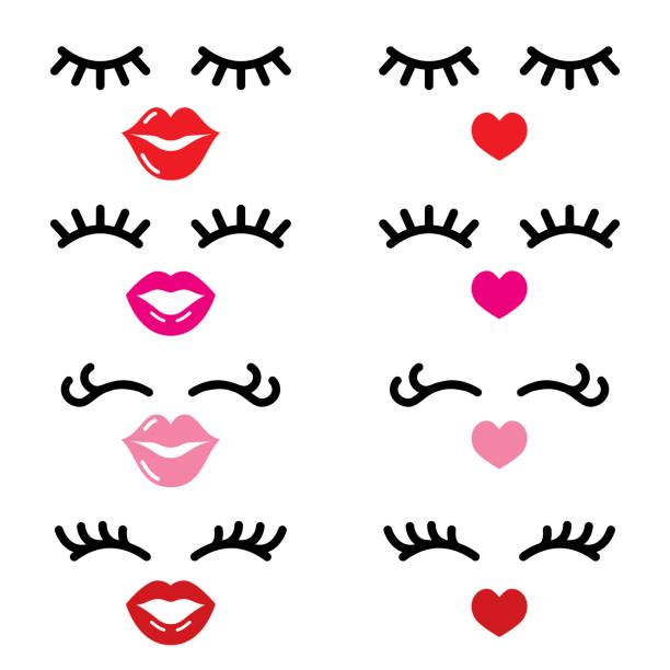 ilustraciones, imágenes clip art, dibujos animados e iconos de stock de pestañas y labios vector iconos, cara de niña bonita, ojos cerrados y labios de corazón - concepto de belleza - sensuality color image wallpaper black