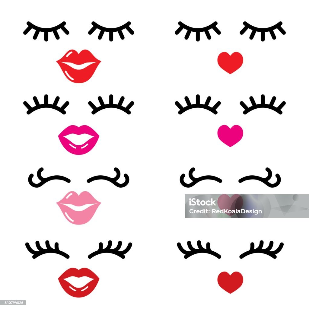 Eyelashes and lips vector icons, pretty girl's face, closed eyes and heart lips - beauty concept Sexy female faces design, cute red or pink lips and eyelashes collection Eyelash stock vector