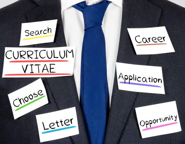 Photo of business suit and tie with CURRICULUM VITAE conceptual words written on paper cards