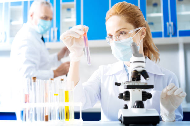 istock Serious researcher watching pink liquid 840794918