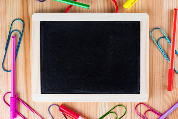 istock Blank blackboard on a wooden desk. 840800056