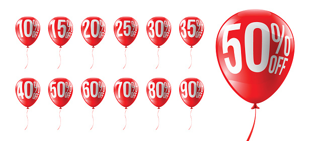 Red Balloons Discounts for Retail,Shopping,Sale or Promotion concept.Set of Balloon 10%, 15%, 20%, 25%, 30%, 35%, 40%, 50%, 60%, 70%, 80% and 90% Discounts Isolate on white background.Vector illustration