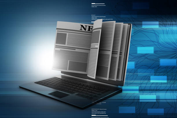 ordenador portátil con noticias - articles magazine global communications data fotografías e imágenes de stock