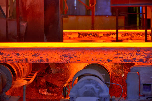 Hot steel slab heated in furnace stock photo