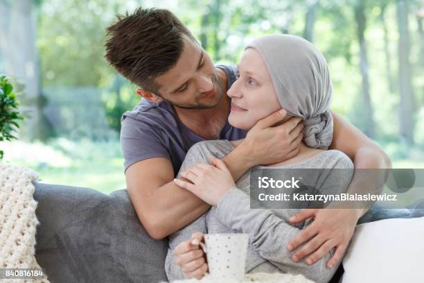 Supporting Sick Girlfriend In Headscarf Stock Photo - Download Image Now - Cancer - Illness, Couple - Relationship, Patient
