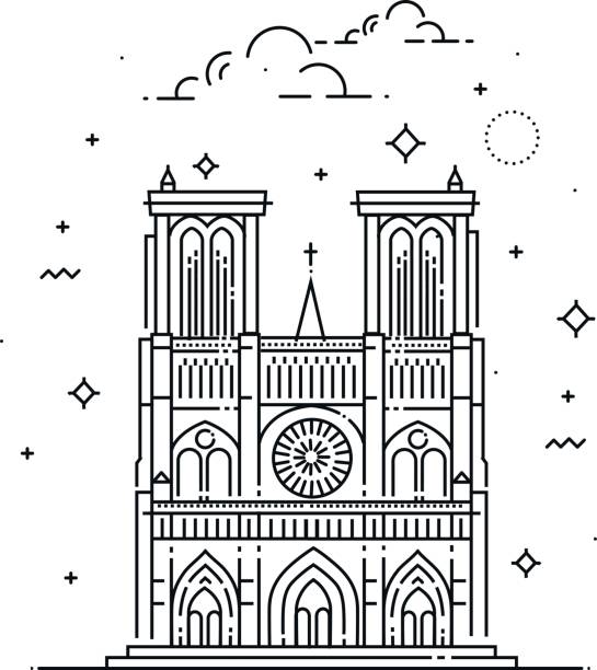 巴黎聖母院插圖在大綱的風格。世界著名的地標，集合。 - notre dame 幅插畫檔、美工圖案、卡通及圖標