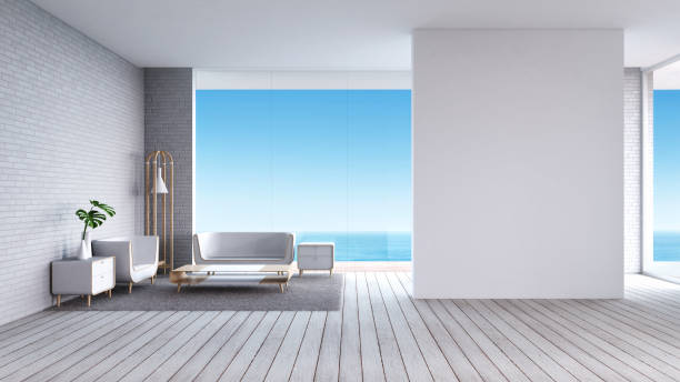 istock Modern Living room white wood floor sea view summer 3d rendering 840834982