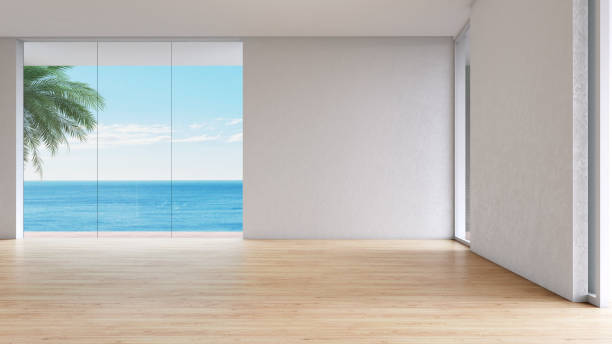 istock Modern Living room sea view summer empty 3d rendering 840835148