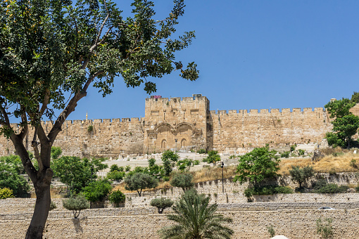 The Golden Gate or Gate of Mercy on the east-side of the Temple Mount of the Old City of Jerusalem in Israel. View from the Garden of Gethsemane.