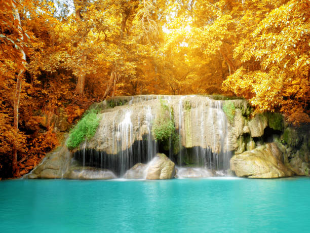 scenery of colorful leaves and clear blue water in autumn - erawan falls fotos imagens e fotografias de stock