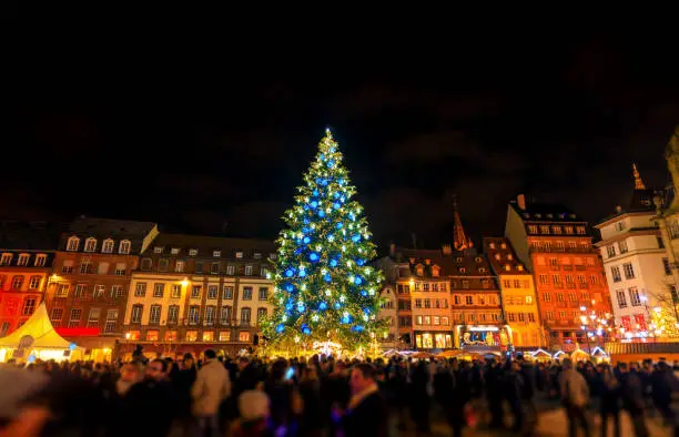 Big Christmas tree in Capital of Christmas, Strasbourg City, Alsace, France. Noel 2016