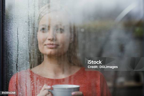 Im Glad Im Not Out In The Rain Stock Photo - Download Image Now - Rain, Window, Looking