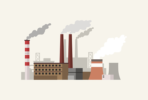 Flat design industrial landscape with factory vector illustration.