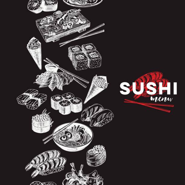 illustrazioni stock, clip art, cartoni animati e icone di tendenza di vintage vettoriale disegnato a mano schizzo alimentare giapponese illustrazione. - sushi