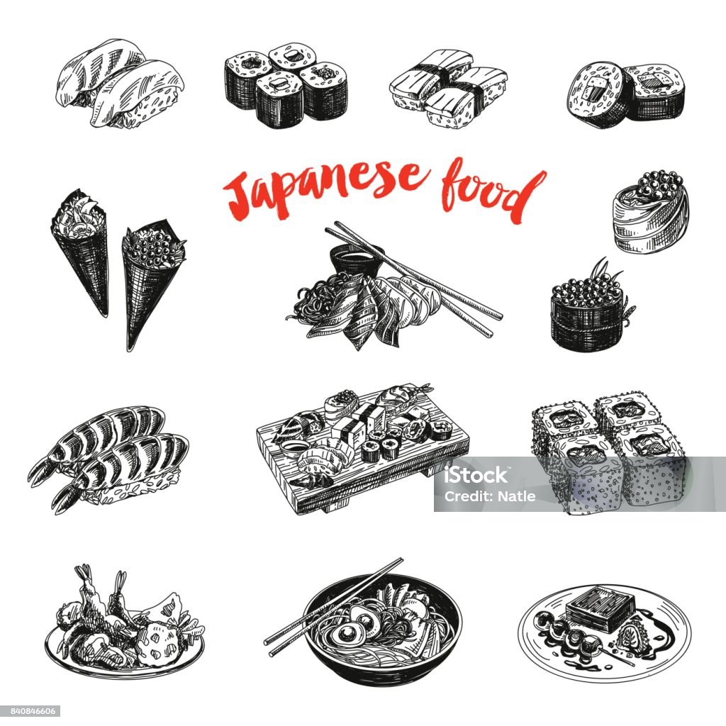 Vintage vector hand drawn Japanese food sketch Illustration. Vintage vector hand drawn Japanese food sketch Illustrations set. Retro style. Sushi bar menu. Food stock vector