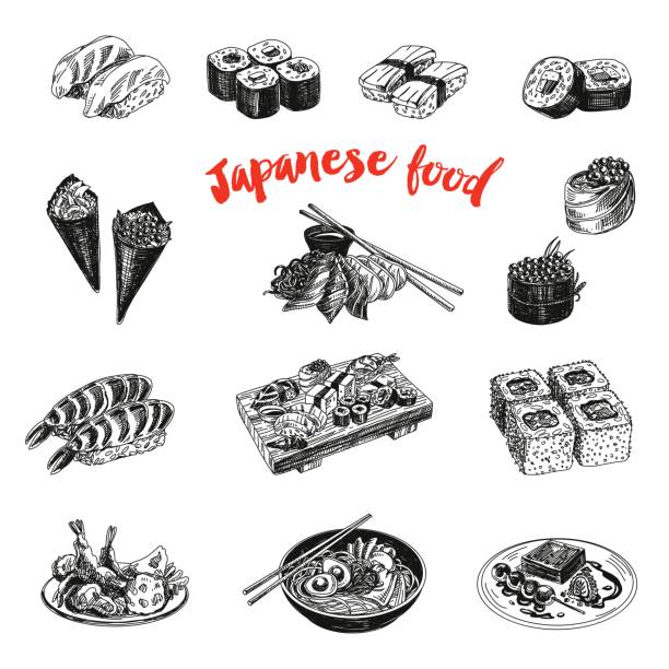 Vintage vector hand drawn Japanese food sketch Illustration. Vintage vector hand drawn Japanese food sketch Illustrations set. Retro style. Sushi bar menu. japanese food stock illustrations