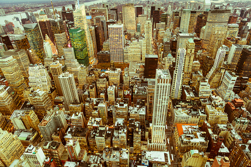 Aerial view of Manhattan skyscrapers at dusk, New York City