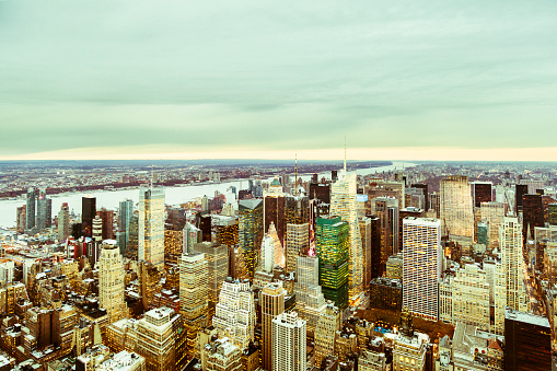 Aerial view of Manhattan skyscrapers at dusk, New York City