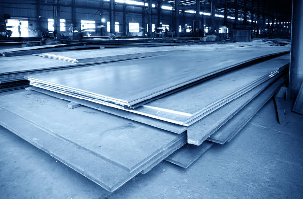 Stacked in the warehouse of the steel plate, blue tone map.
